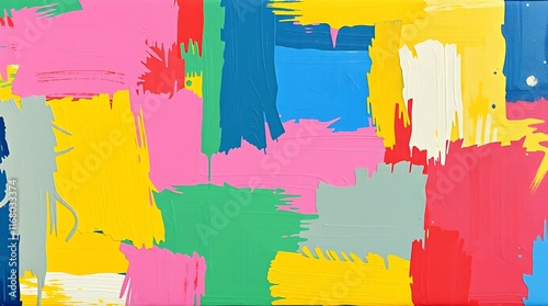 A bold acrylic painting of a vibrant, flat, seamless pattern featuring complimentary colors and contrasting balanced tones. Textured brushstrokes create a dynamic visual rhythm.