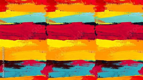 Balanced tones are achieved through contrasting colors in this bold acrylic painting. A flat seamless pattern utilizes vibrant complimentary colors and textured brushstrokes