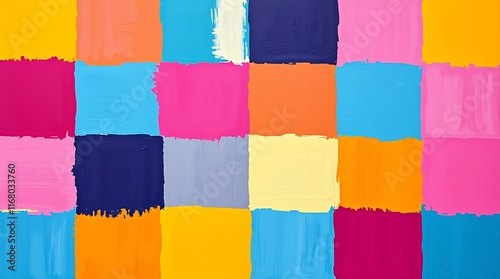 A bold acrylic painting featuring a vibrant, flat, seamless pattern of complimentary colors. Contrasting colors create balanced tones with textured brushstrokes