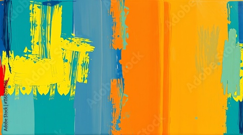 A bold and vibrant acrylic painting of a flat seamless pattern. Complementary colors create contrast, while textured brushstrokes and balanced tones unify the composition.