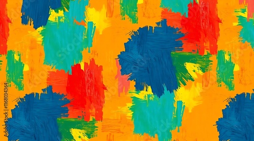Vibrant complementary colors, bold acrylic painting, flat seamless pattern, textured brushstrokes, contrasting colors, balanced color tones