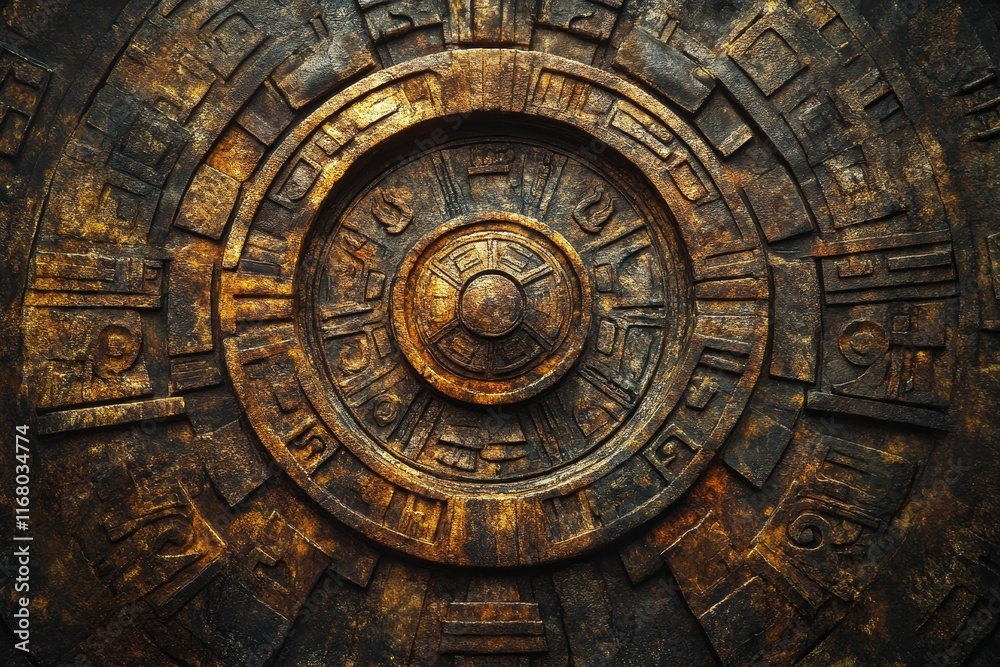 Obraz premium Ornate, aged bronze circular relief, geometric patterns.