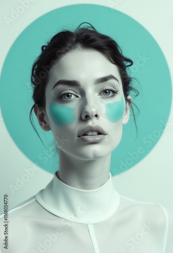 Minimalist Black-and-White Photography Featuring an Elegant Woman with Soft Sea Blue and Mint Green Brush Strokes, High Resolution, 8K Quality
