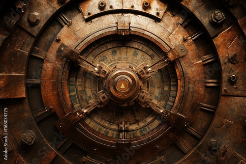 Rustic metallic circular mechanism; intricate, aged design. photo