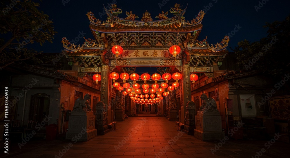 Fototapeta premium Illuminated Asian Temple Gate at Night Red Lanterns Festive Pathway