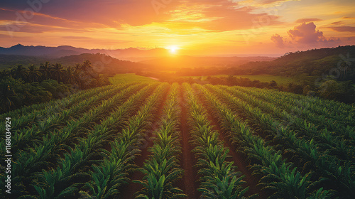 Aerial view of lush sugarcane plantation at sunset, showcasing vibrant green rows and stunning orange sky. serene landscape evokes sense of tranquility and beauty