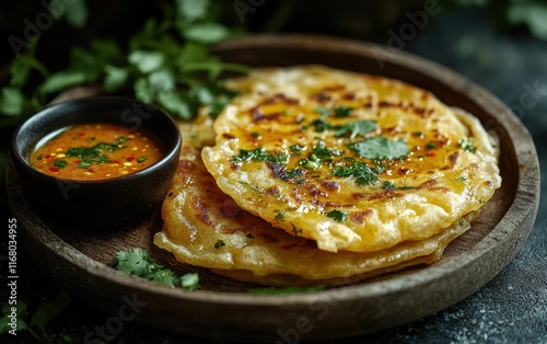 Delicious Golden Brown Roti Canai with Spicy Chili Dipping Sauce: A Culinary Delight