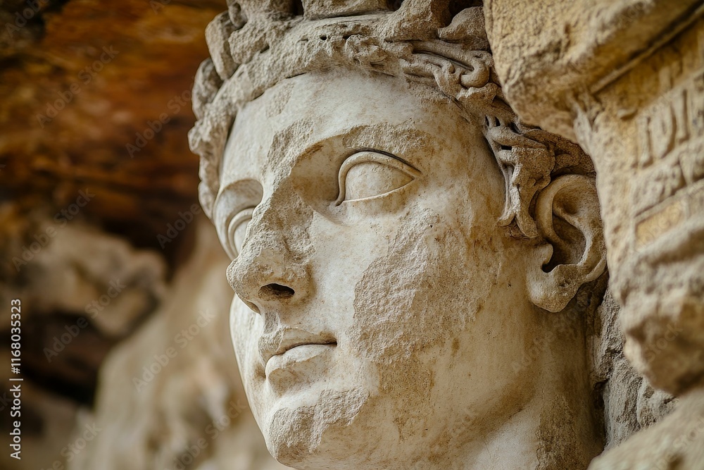 Obraz premium Weathered stone carving, female head, ancient detail.