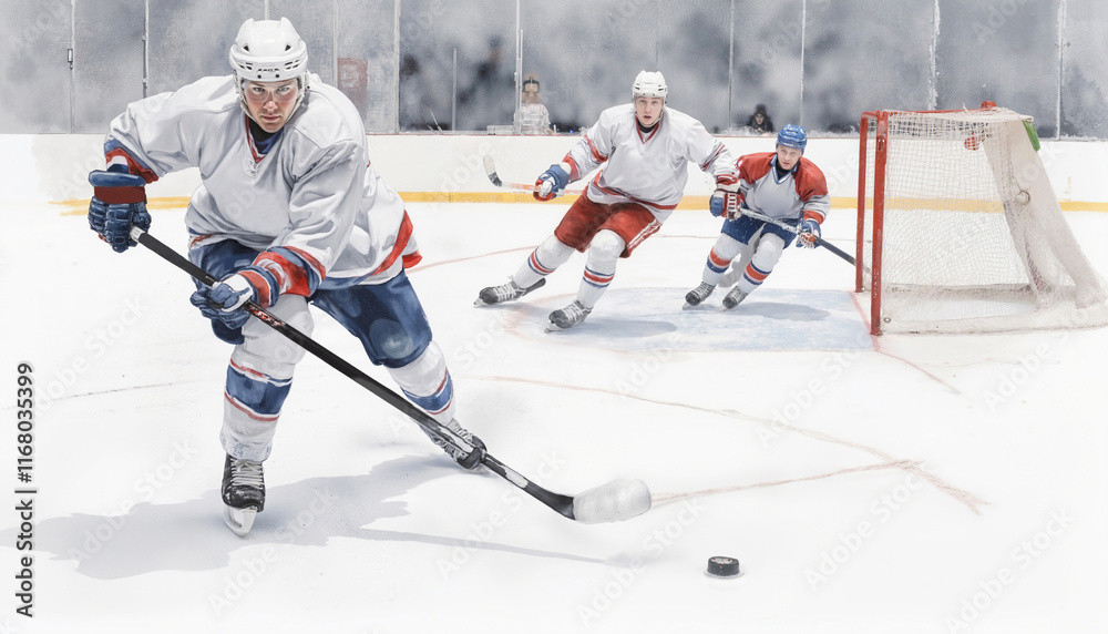 Obraz premium Moment of game canadian ice hockey. Watercolor and pencil dynamic sketch