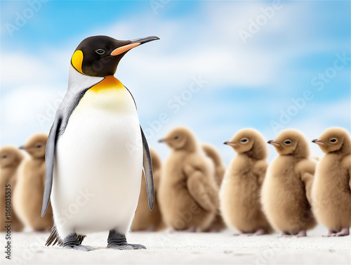 A penguin standing proudly surrounded by fluffy chicks in a snowy landscape. This image symbolizes family, care, and the beauty of the arctic environment. photo