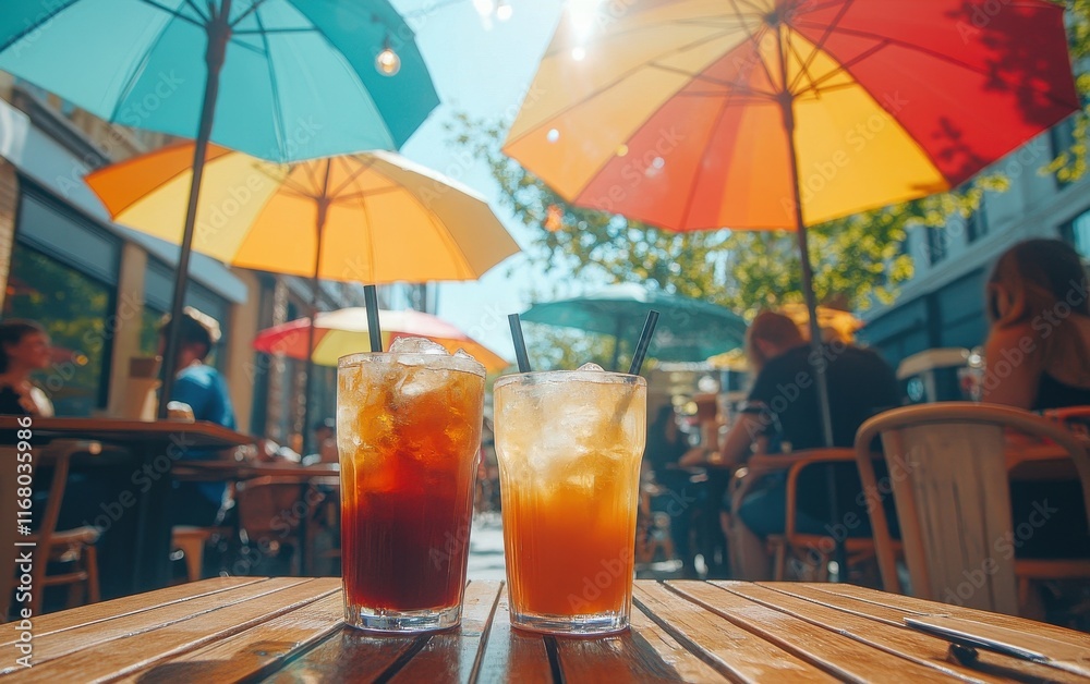 Summertime Refreshments: Iced Teas Under Colorful Umbrellas at a Sunny Outdoor Cafe