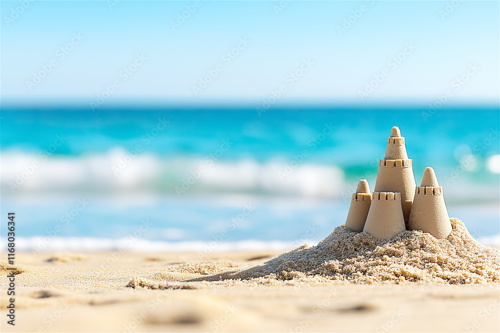 A majestic sandcastle with intricate details, standing on a pristine sandy beach with blue ocean waves in the background under a clear sunny sky. A majestic sandcastle with intricate details, standing on a pristine sandy beach with blue ocean waves in the background under a clear sunny sky.