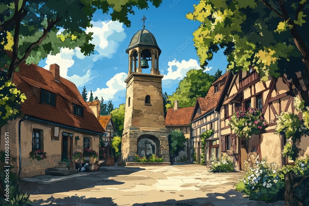 Obraz premium Charming European Village Square with Bell Tower