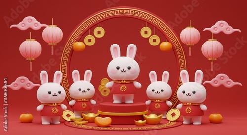 Cute Rabbits Celebrate Chinese New Year 3D Render Lanterns Gold Coins Festive