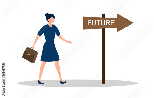 Businesswoman confidently choose to move forward to the future in flat design on white background.