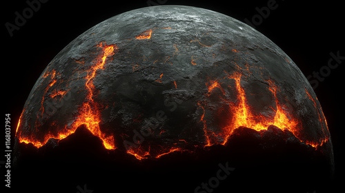 fiery exoplanet with molten lava flows and rocky surface, showcasing dramatic landscape. planet surface glows with intense heat, creating captivating and otherworldly scene