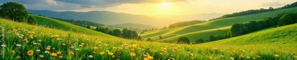 Fototapeta premium Rolling green hills bathed in sunlight, wildflowers blooming, rural, panorama