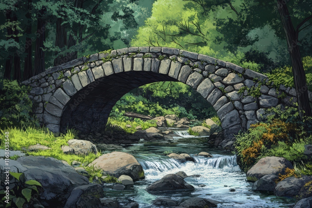 Fototapeta premium Stone Arch Bridge Over Forest Stream