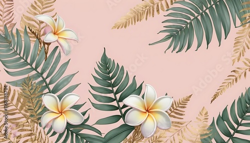 Elegant Plumeria Flowers and Gold Tropical Leaves