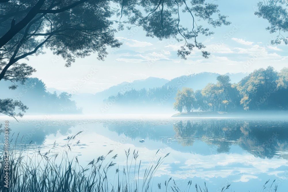 Fototapeta premium Serene Lakeside Landscape Under Misty Morning Sky