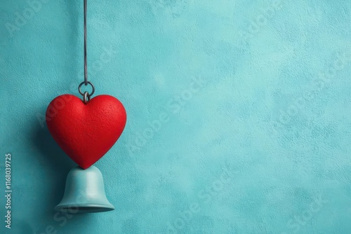 bell with heart symbol. A glowing red heart suspended within a softly chiming bell, representing love s resonance, bell heart symbol ringing, conceptual romantic tone