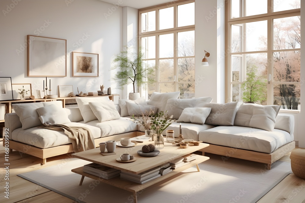 Fototapeta premium Scandinavian interior design, living room, bedroom, dining room, kitchen and laundry room, day mood