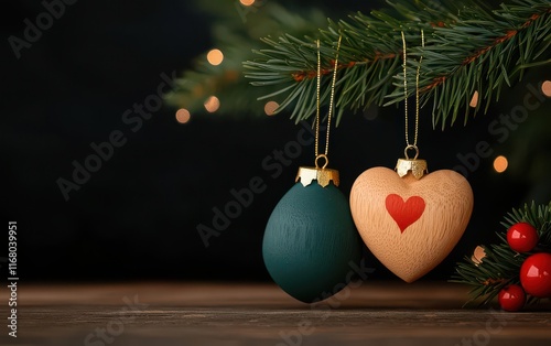 bell with heart symbol. A pair of softly chiming bells shaped like a heart, surrounded by sparkling holiday ornaments, bell heart symbol Christmas, conceptual festive elegance