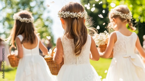 Flower Girl Dreams:  Three adorable flower girls in white dresses and flower crowns,  walking down the aisle,  with baskets of petals,  creating a magical and heartwarming wedding moment.  photo