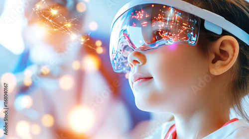 Child Exploring Metaverse: A young girl wearing futuristic VR glasses, immersed in a vibrant digital world.  The image evokes wonder, curiosity, and the potential of future technologies. 