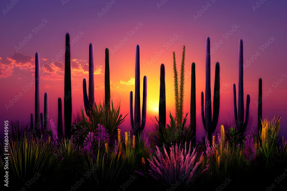 Vibrant sunset over desert landscape with cacti and wildflowers. Vibrant sunset over desert landscape with cacti and wildflowers.