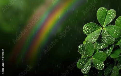 shamrocks symbol concept. A vibrant depiction of glowing shamrocks blending with a rainbow after a soft rain, symbolizing nature s wonder, shamrocks symbol natural beauty, motivational ethereal design photo