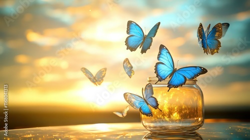 Delicate blue and gold butterflies floating from a tilted glass jar on a polished surface, with a background glowing in golden yellows blending into cool azure tones.