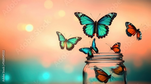 Butterflies in vibrant shades of turquoise and amber gracefully flying out of a glass jar, set against a glowing peach light fading into a deep aqua bokeh.