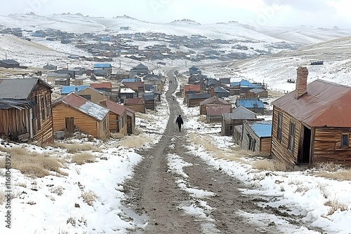 A lone figure walks down a dirt road through a snow-covered abandoned town nestled in a valley between hills. photo