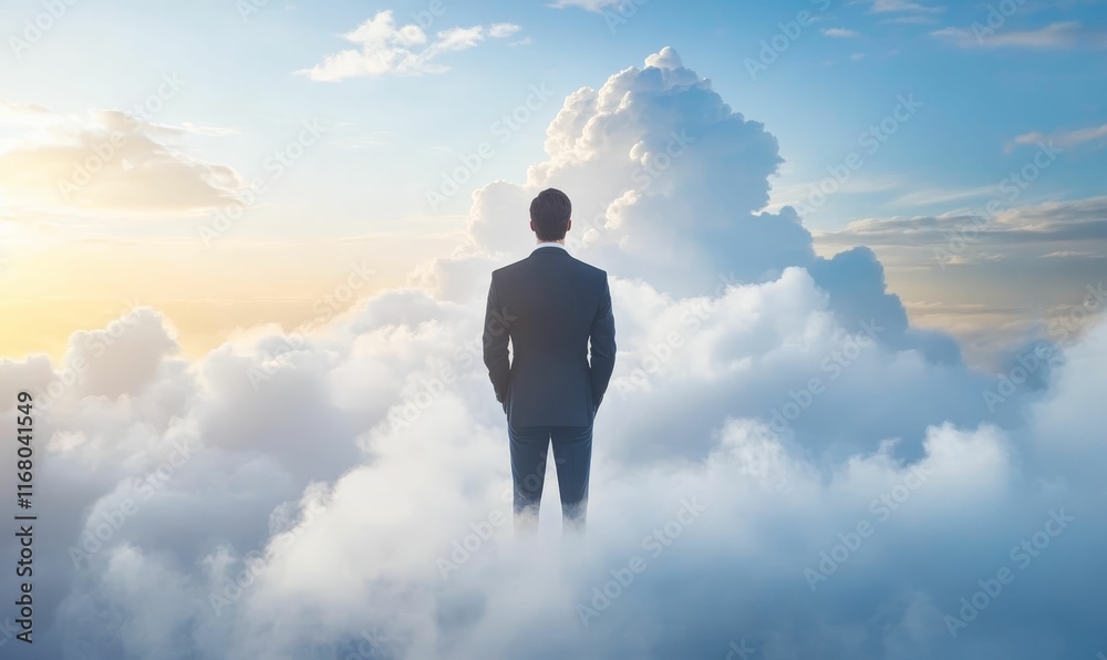 Businessperson stands amidst clouds, sky backdrop. Businessperson stands amidst clouds, sky backdrop.