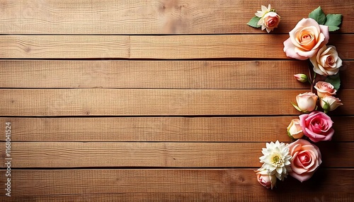 Delicate Pink Roses and Flowers on Wooden Background photo