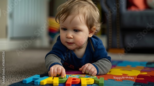 A joyful toddler with curly hair playing on a colorful mat, assembling wooden letters that spell 'HAPPY', celebrating their first birthday.