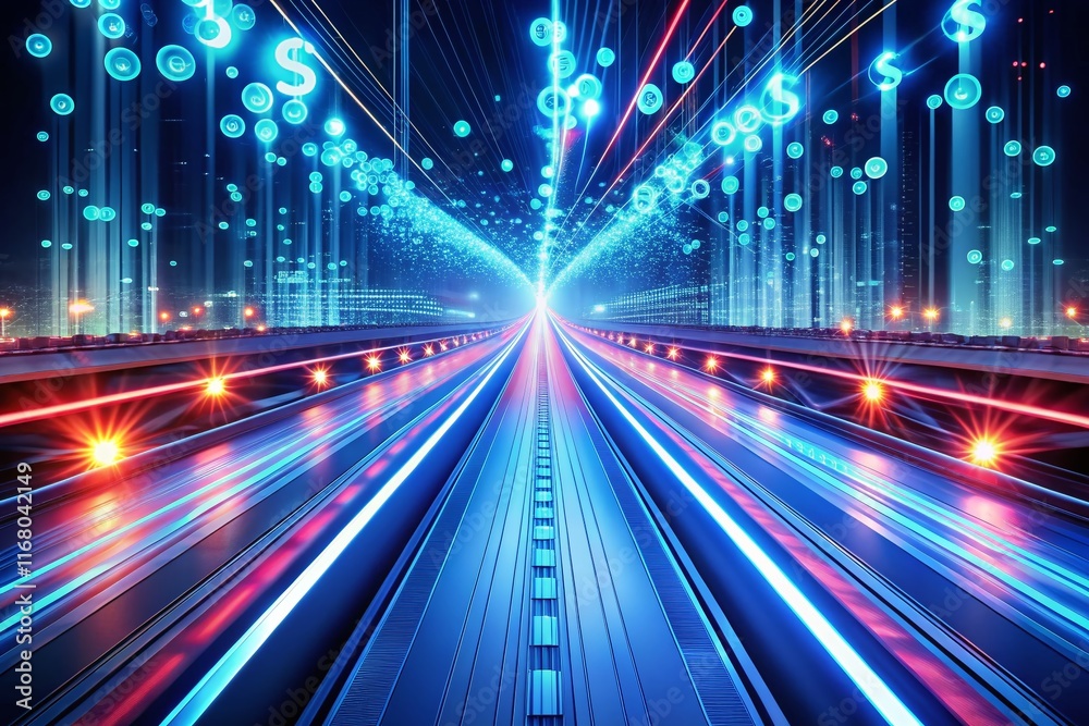 Abstract Digital Highway: Red Dollar Signs Speeding on Blue Data Stream Abstract Digital Highway: Red Dollar Signs Speeding on Blue Data Stream