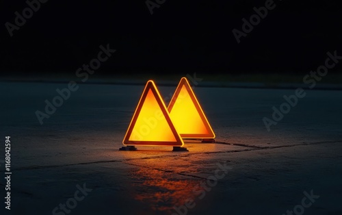 car wrecks concept. A symbolic depiction of glowing hazard signs surrounding accident debris, ensuring visibility and safety, car wrecks accident debris, conceptual roadside protection art photo