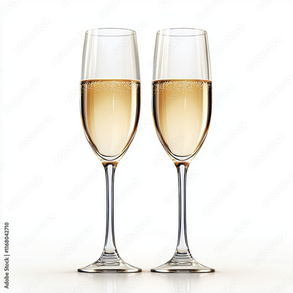 Two Elegant Champagne Flutes with Sparkling Bubbles on a Bright Background Two Elegant Champagne Flutes with Sparkling Bubbles on a Bright Background