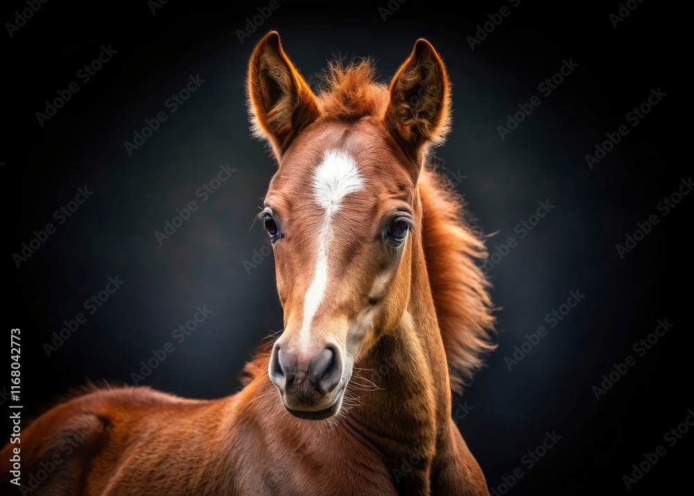 Fototapeta premium Black background showcases a newborn foal mare's gentle face in stunning equine portrait.