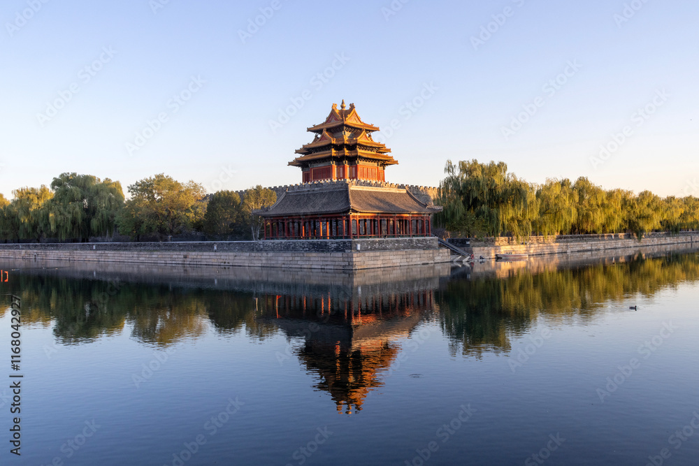 Beautiful water reflection of Forbidden City Corner Tower or Jiaolou in Beijing Beautiful water reflection of Forbidden City Corner Tower or Jiaolou in Beijing