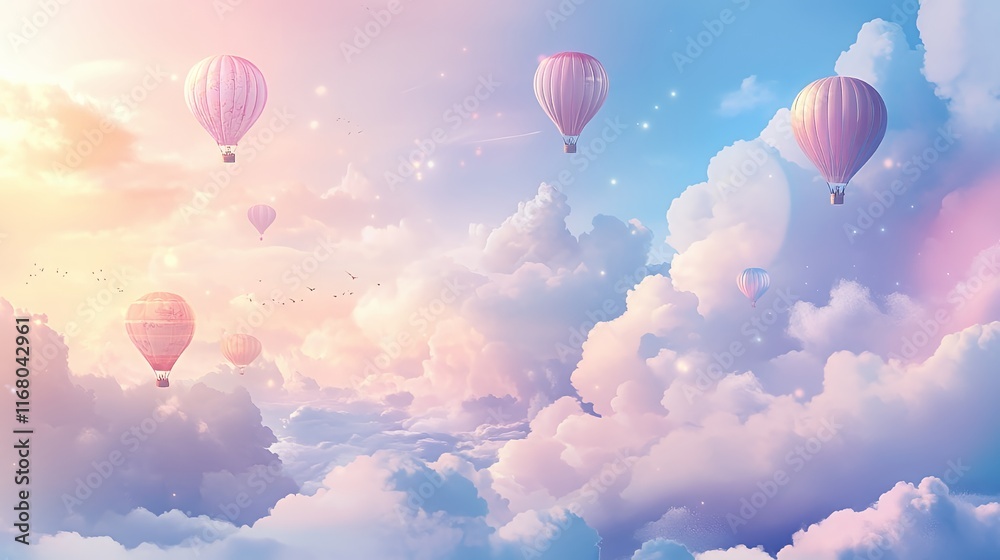 Naklejka premium Pastel Hot Air Balloons Drifting Above Soft Clouds