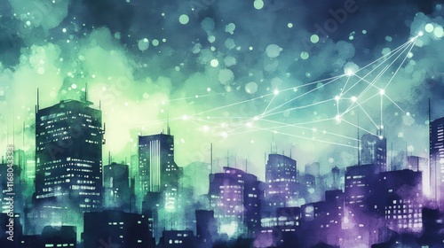 A futuristic city nightscape captured in watercolor, with skyscrapers emitting soft green and purple hues, and delicate.