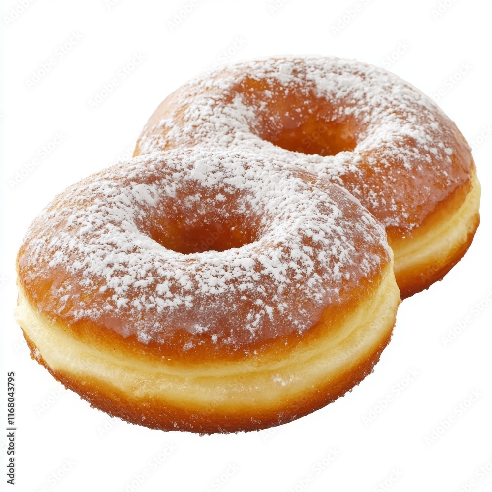 Two Freshly Baked Donuts Dusting with Powdered Sugar on a White Background Two Freshly Baked Donuts Dusting with Powdered Sugar on a White Background