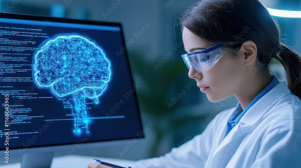 Scientist analyzing data on a computer screen depicting a brain. Scientist analyzing data on a computer screen depicting a brain.