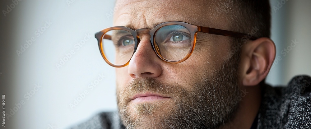 Thoughtful man with glasses looking away.