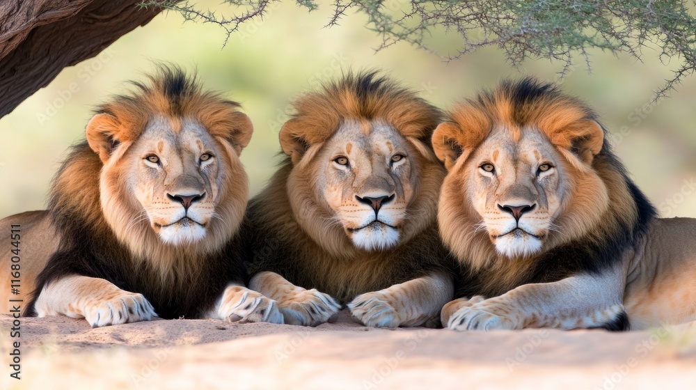 Three lions resting under a tree in a natural setting. Three lions resting under a tree in a natural setting.