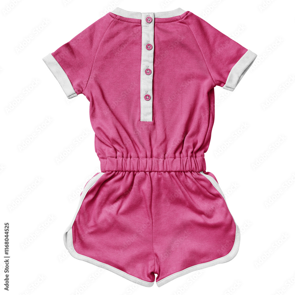 A Blank Back View Luxurious Girls Cotton Playsuit Mockup In Prism Pink Color, To Shows Your Designs As A Graphic Design Professional. A Blank Back View Luxurious Girls Cotton Playsuit Mockup In Prism Pink Color, To Shows Your Designs As A Graphic Design Professional.