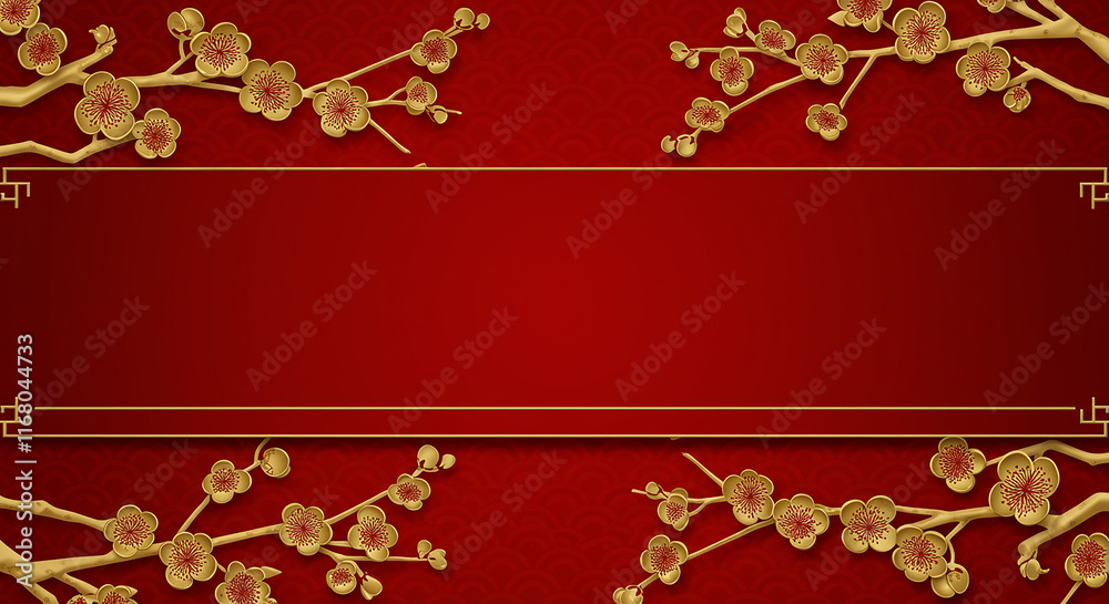 Red Gold Chinese New Year Floral Banner Background